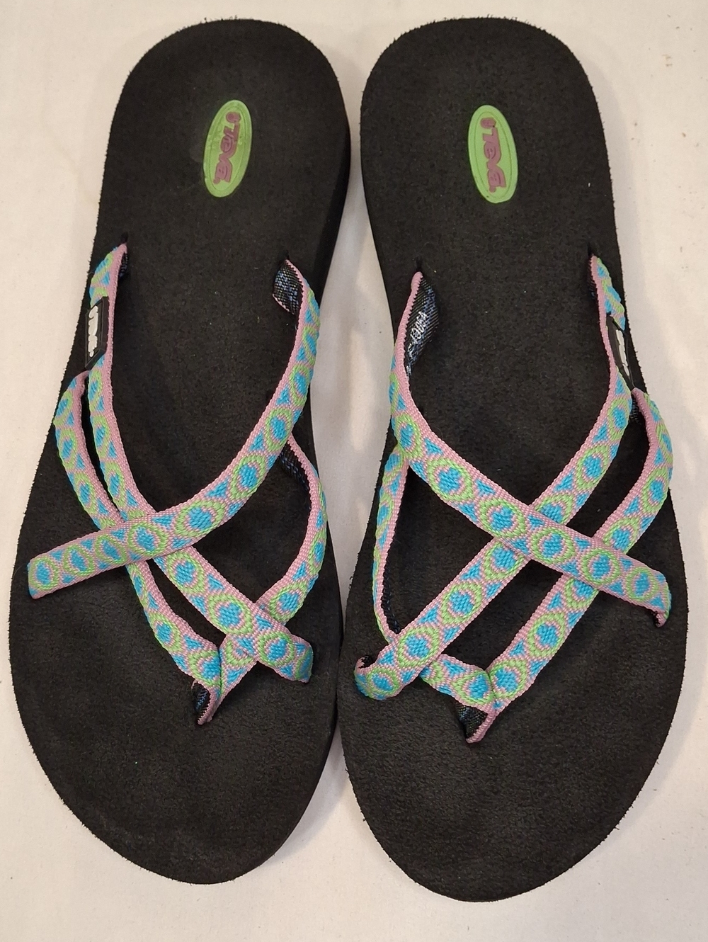 Teva Olowahu Women's Black Sandals with Colorful Blue and Pink PatternedStraps